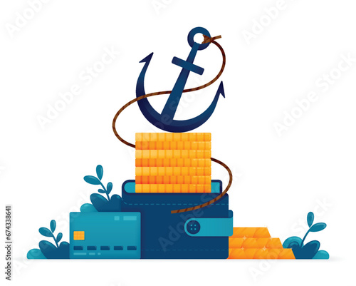 Illustration of pile of coins in a wallet weighed down by anchor a metaphor for saving and hoarding wealth. Can be used for posters, websites, brochures, banners