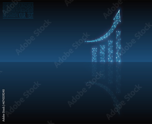 Growth chart vector image composed of grid and dots with mirror reflection. Business illustration - graphics, growth concept, business development. Vector illustration of a business graph.
