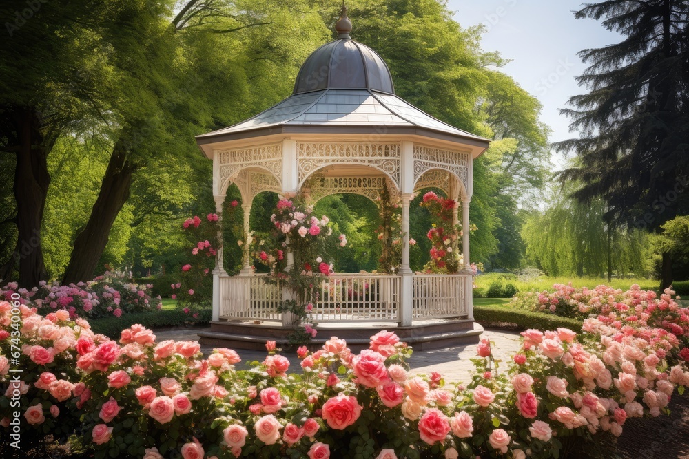 Gazebo with flowers in and garden. Generative AI