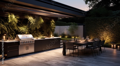 Outdoor kitchen with a stainless gas grill. Generative AI