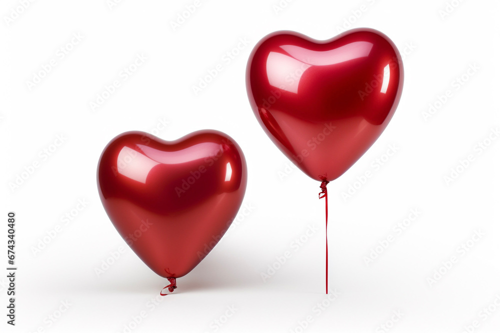 Two red heart shaped balloons on a white background, valentine’s day, love concept, space for text