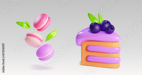 Sweet baked dessert 3d - triangular piece of layered cake with purple cream decorated with blueberry and mint leaves and flying macaroon biscuits. Realistic vector pastel colored bakery food.