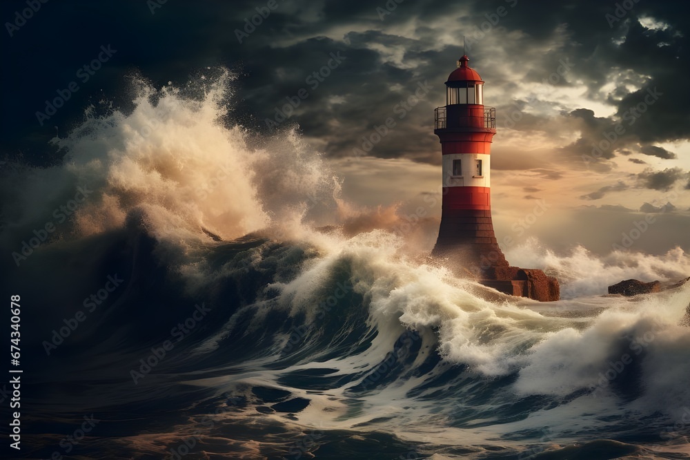 A solitary lighthouse standing tall against turbulent waves.
