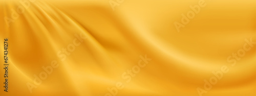 Yellow satin cloth background. Vector realistic illustration of golden silk fabric with wavy surface, luxury soft textile material with smooth shiny texture, curtain with abstract folds, liquid paint
