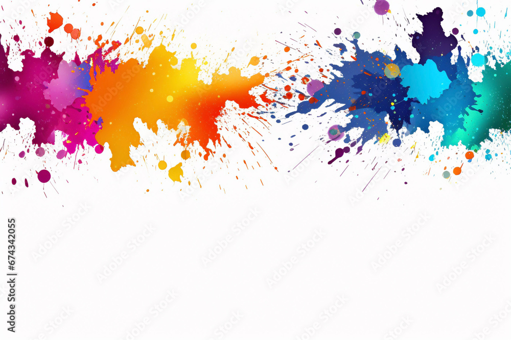 Colourful splashes of paint on a white background, space for text 