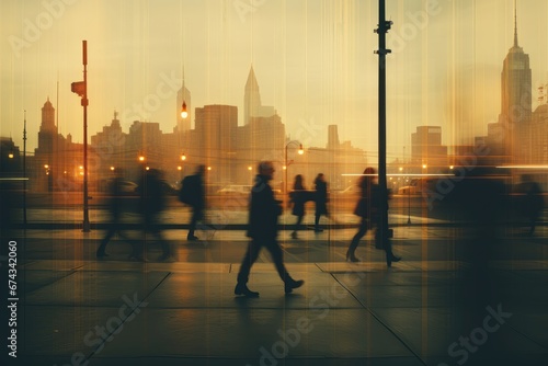 An abstract background image for creative content, capturing the energy of a busy street with business people walking and featuring motion blur. Photorealistic illustration