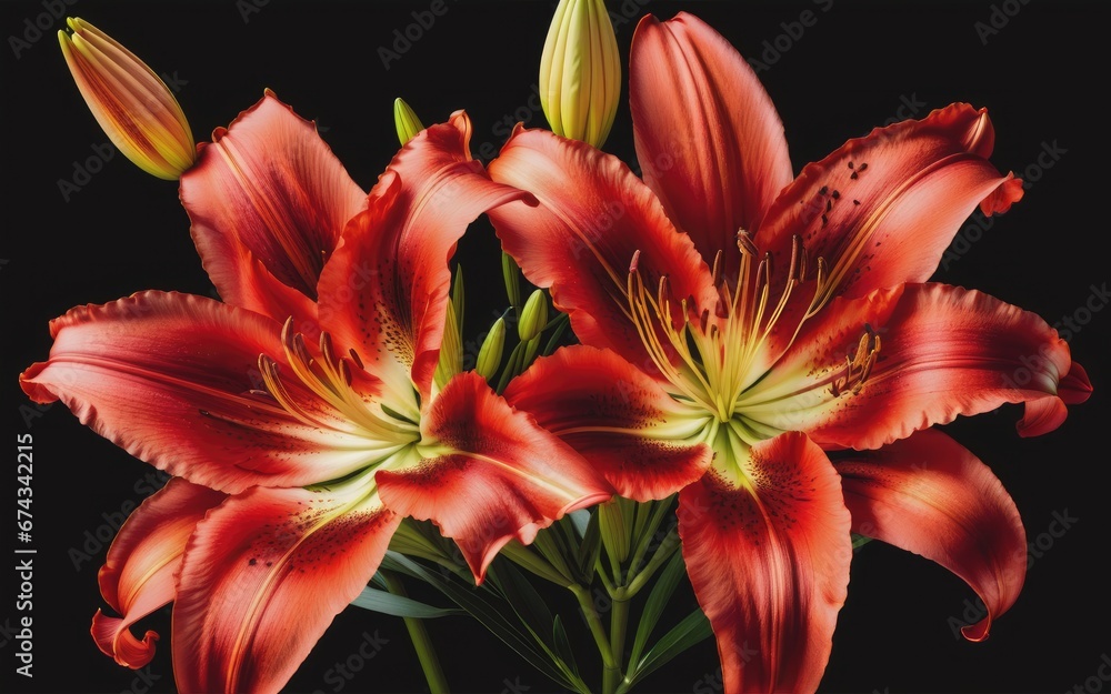 Fototapeta premium Beautiful shot of a blooming red lily flower isolated on a black
