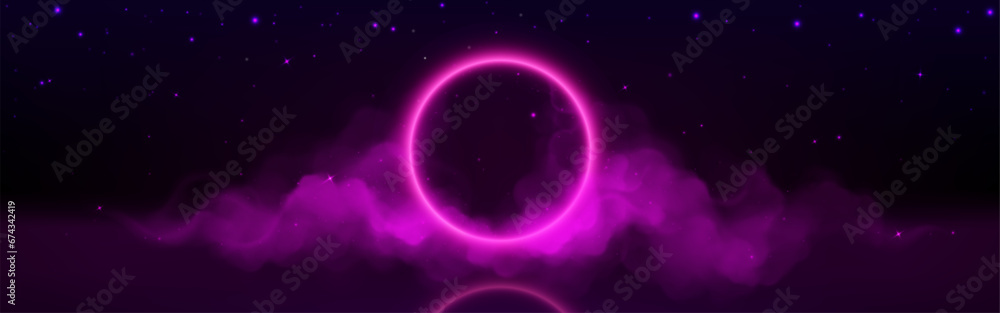Pink neon light glow circle with smoke background. Futuristic fog effect with led ring design template. Music or sport abstract glowing vector graphic banner with smoky cloud and laser round frame Pink neon light glow circle with smoke background. Futuristic fog effect with led ring design template. Music or sport abstract glowing vector graphic banner with smoky cloud and laser round frame