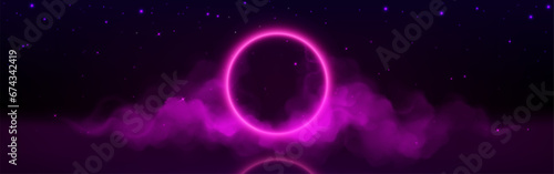 Pink neon light glow circle with smoke background. Futuristic fog effect with led ring design template. Music or sport abstract glowing vector graphic banner with smoky cloud and laser round frame