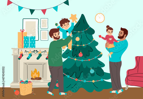 LGBT family. Homosexual gay couple with happy children decorate Christmas tree. Vector illustration