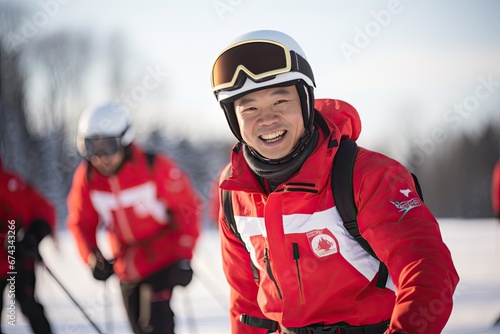 Portrait of happy chinese skier man in snowy mountains