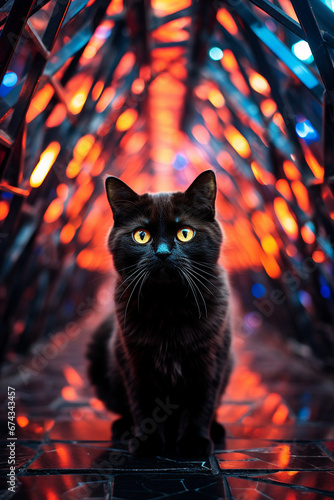 black cat in a tunnel of bokkeh lights photo