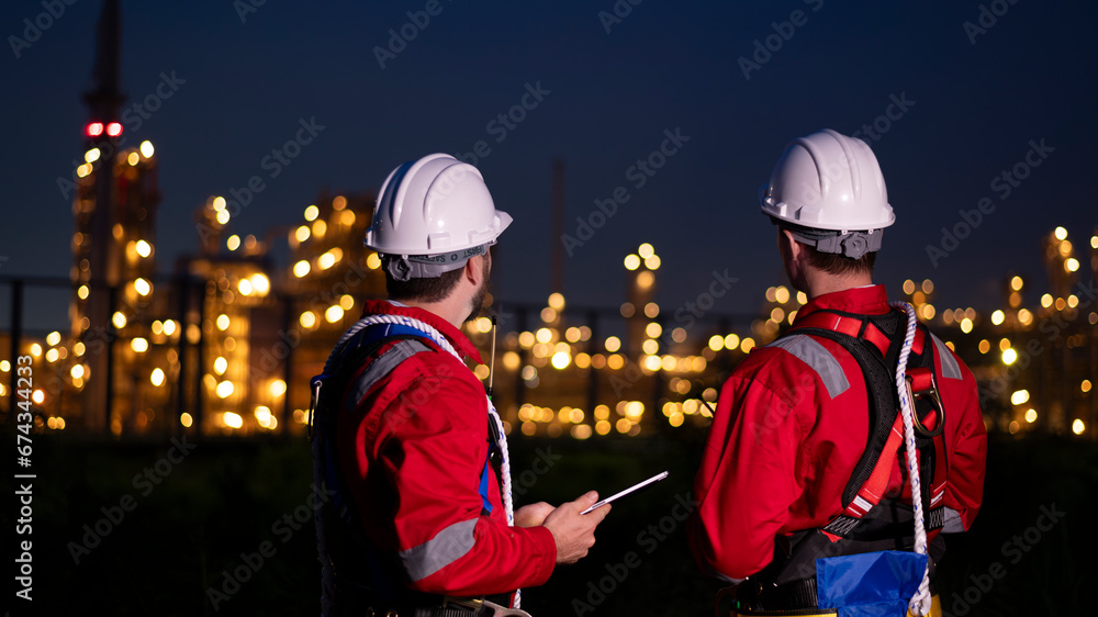 Engineer survey team wear uniform and helmet stand workplace checking blueprint project and radio communication inspection work construction site  with night lights oil refinery background.