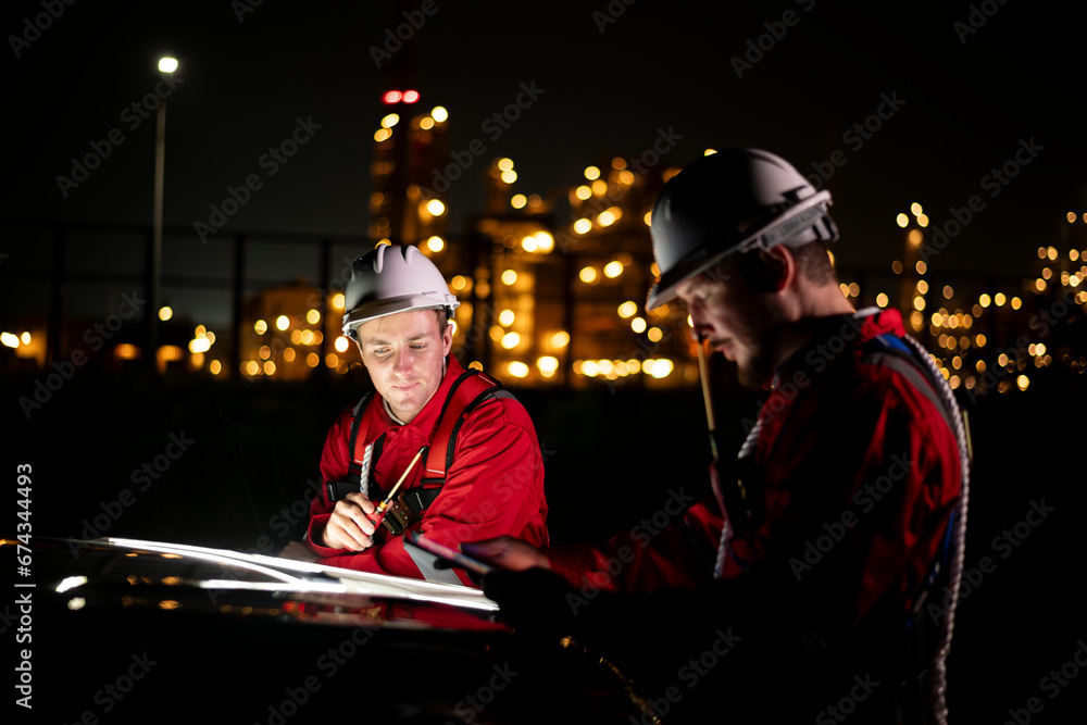 Engineer survey team wear uniform and helmet stand workplace checking blueprint project and radio communication inspection work construction site with night lights oil refinery background. Engineer survey team wear uniform and helmet stand workplace checking blueprint project and radio communication inspection work construction site with night lights oil refinery background.