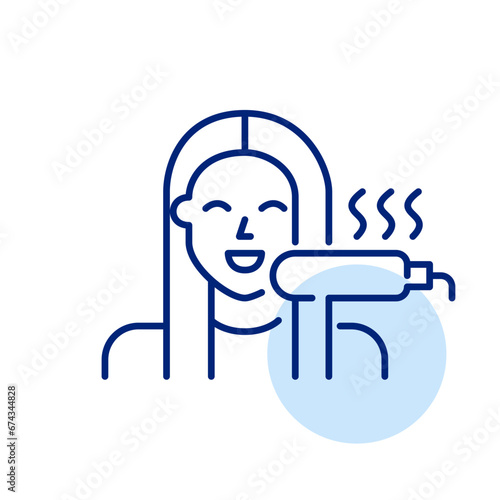 Girl heat straightening her long hair. Pixel perfect, editable stroke icon