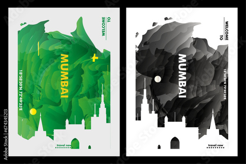 India Mumbai city poster pack with abstract skyline, cityscape, landmark and attraction. Maharashtra travel vector illustration layout set for vertical brochure, website, flyer, presentation