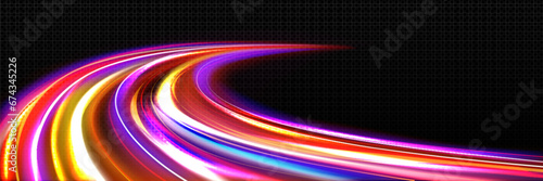 Fast line effect, speed motion light background. Dynamic road movement with red, yellow and pink color blur. Streak flare highway design with long exposure glow. Bright digital race velocity pattern