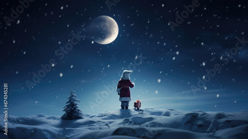 A child in warm winter clothing stands in a snowy landscape at night, gazing at a bright star, with a small illuminated Christmas tree in the background creating a magical holiday scene.