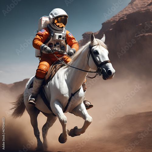 Astronaut riding on white horse in desert © Pavan