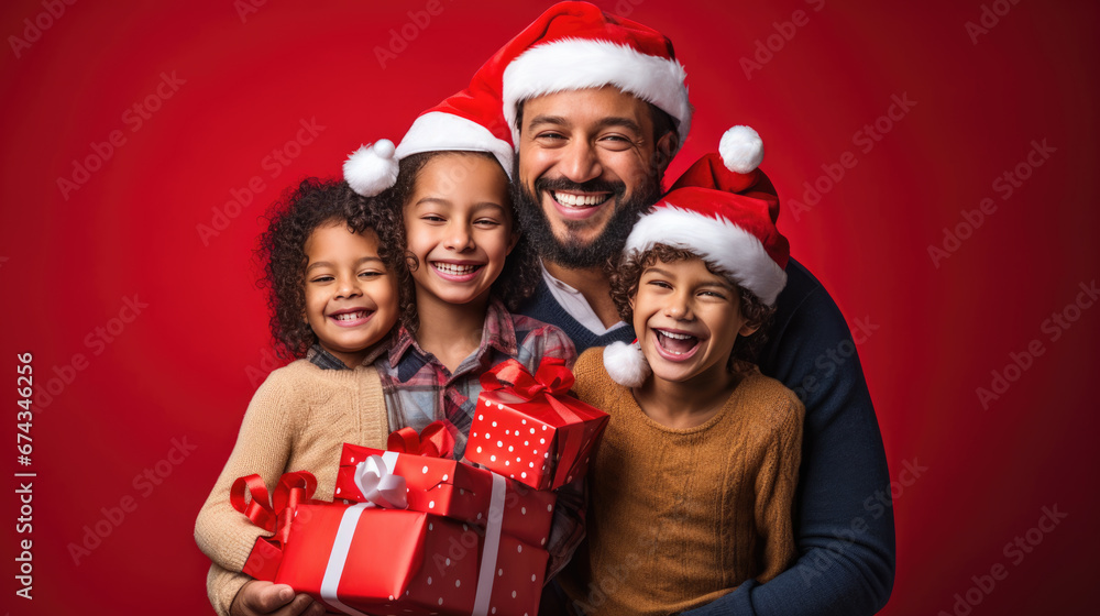 A joyful family wearing Santa hats shares a festive moment, laughing and holding bright red Christmas presents against a vibrant red background. A joyful family wearing Santa hats shares a festive moment, laughing and holding bright red Christmas presents against a vibrant red background.