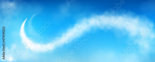 Smoke plain trail, jet cloud speed line in air sky. White rocket contrail vector effect. Aircraft flight fog condensation vapor spray. Brush texture with aviation airplane gas vapour illustration. photo
