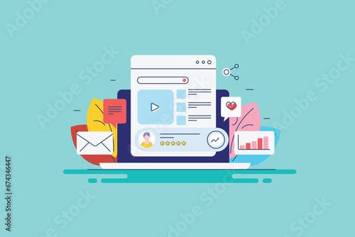 Video content on web browser, social media creator, new post message notification, audience engagement report filled outline vector illustration.