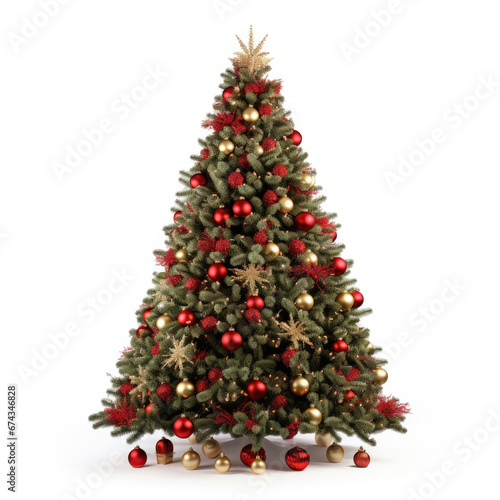 Beautifully decorated Christmas tree adorned with red and gold ornaments  surrounded by wrapped gifts at its base.