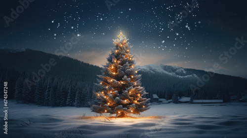 A majestic illuminated Christmas tree stands in a snowy meadow, surrounded by a dense pine forest under a starry night sky.