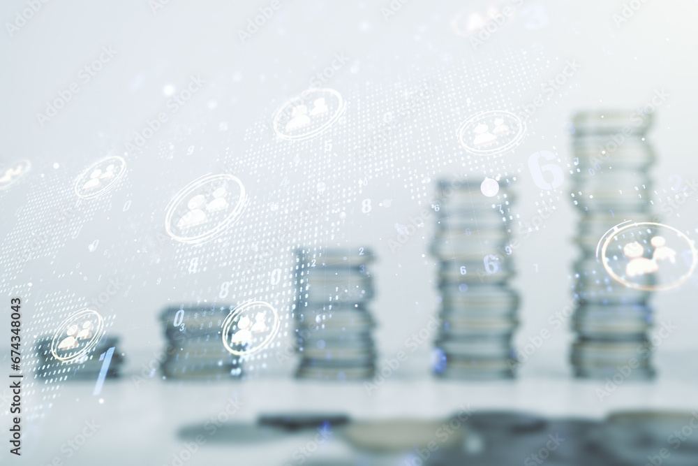Double exposure of social network icons hologram and world map on growing stacks of coins background. Marketing and promotion concept Double exposure of social network icons hologram and world map on growing stacks of coins background. Marketing and promotion concept