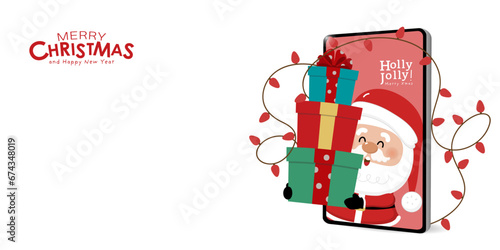 Merry Christmas and happy new year with Santa Claus and cell phone. Holiday cartoon character in winter season. -Vector