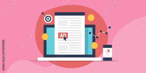 Digital advertising, business data analytics, digital report on smartphone screen, re-targeting company strategy, investing money online ad network vector illustration.