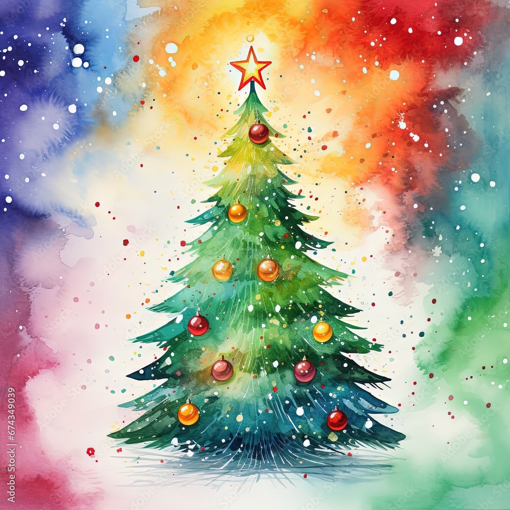 Illuatration of a colorful watercolor Christmas tree