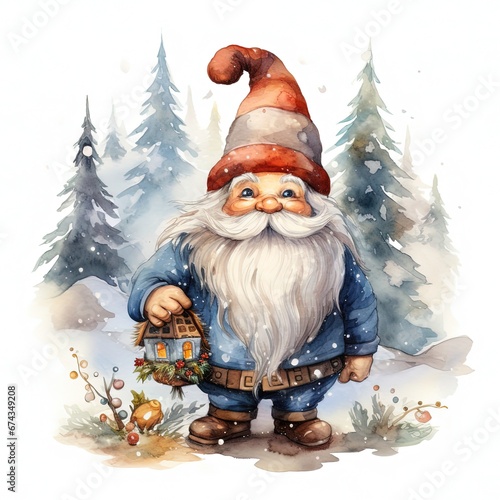 Watercolor Christmas illustration of a garden gnome photo