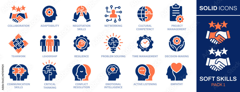 Soft skills icon set. Collection of leadership, teamwork, problem solving, empathy and more. Vector illustration. Easily changes to any color. - obrazy, fototapety, plakaty 