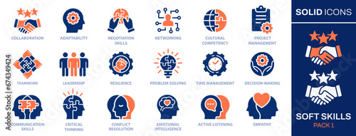 Soft skills icon set. Collection of leadership, teamwork, problem solving, empathy and more. Vector illustration. Easily changes to any color.