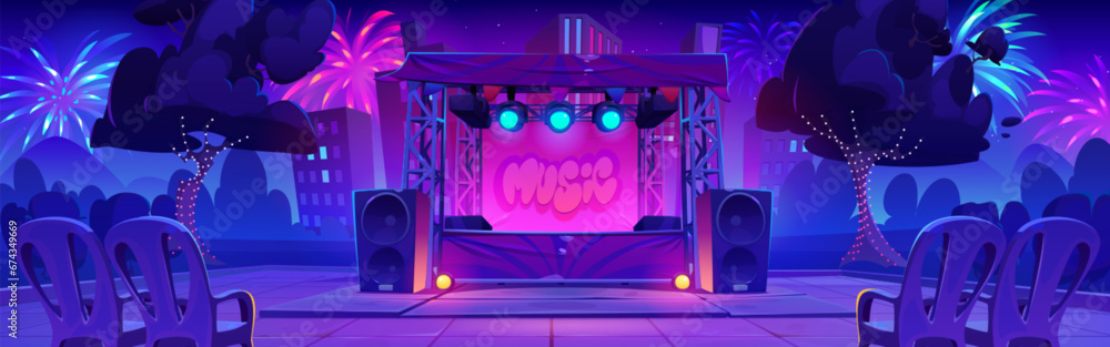 Night concert stage at music festival in park. Vector cartoon illustration of platform with spotlights and loudspeakers, chairs for audience, colorful fireworks sparkling in dark sky, city background - obrazy, fototapety, plakaty 