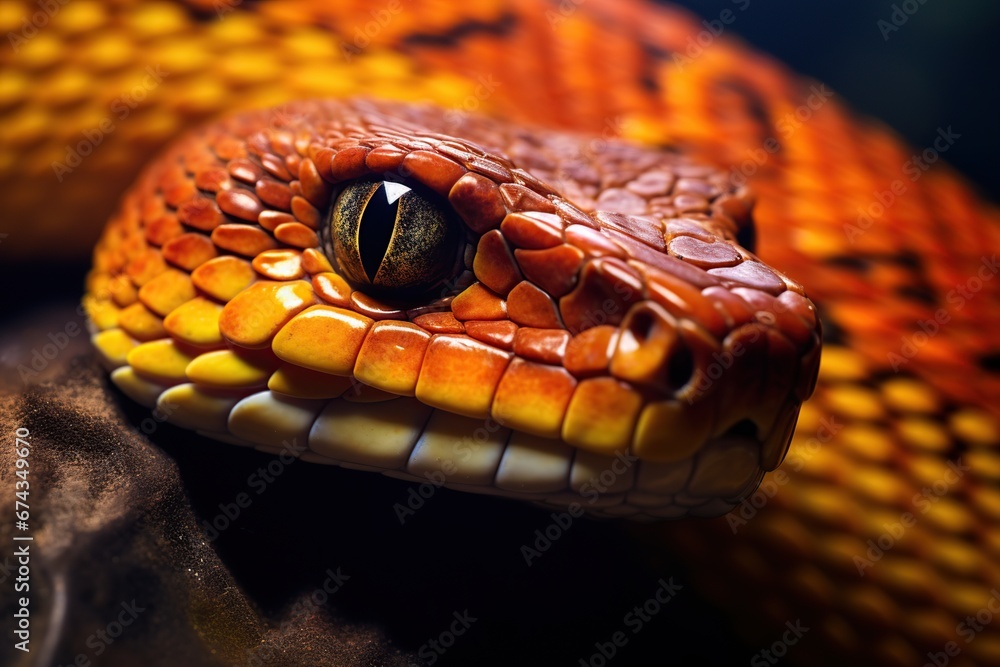 Fototapeta premium Close up of the eye of a viper snake on a dark background
