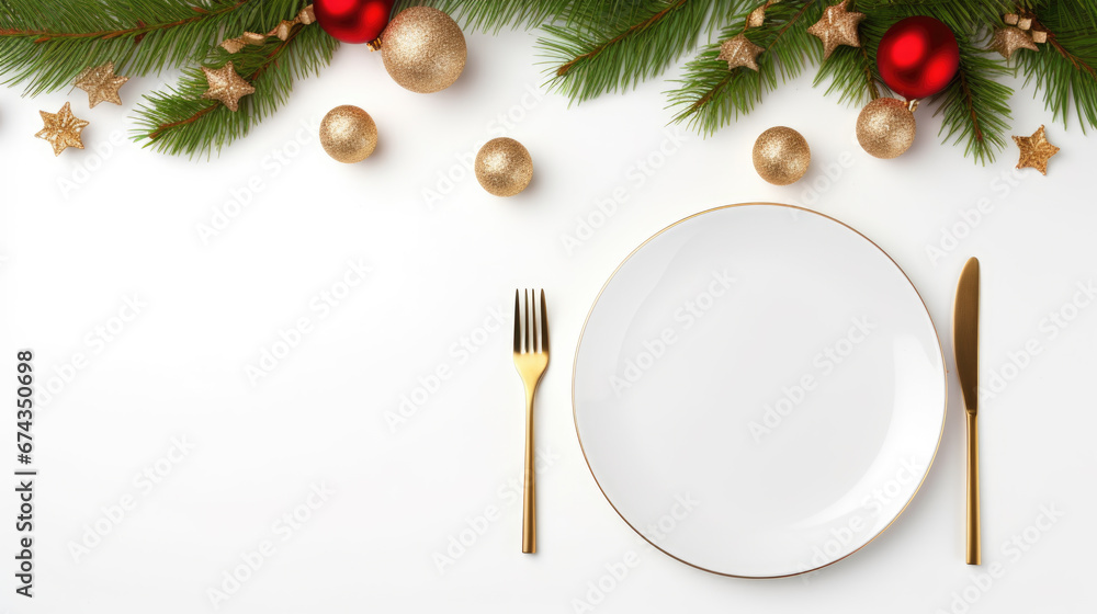 A simple and elegant Christmas table setting features a white plate, gold forks, pine branches, a shimmering bauble, pinecone, and vibrant red berries. A simple and elegant Christmas table setting features a white plate, gold forks, pine branches, a shimmering bauble, pinecone, and vibrant red berries.