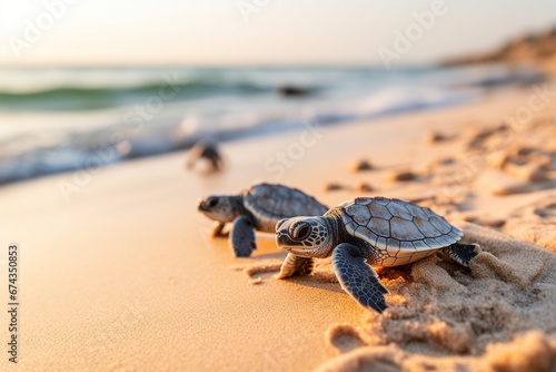 Baby sea turtles on the beach at sunset. Concept of friendly family.
