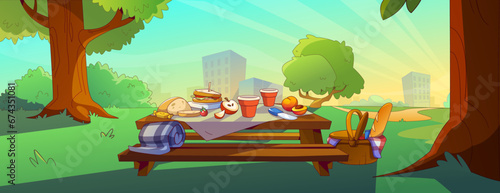 Picnic in park on table with bench cartoon vector background. Summer banner with lunch setup on sunny day in city garden. Bread, fruit, coffee cup and meal in outdoor scene with cityscape view