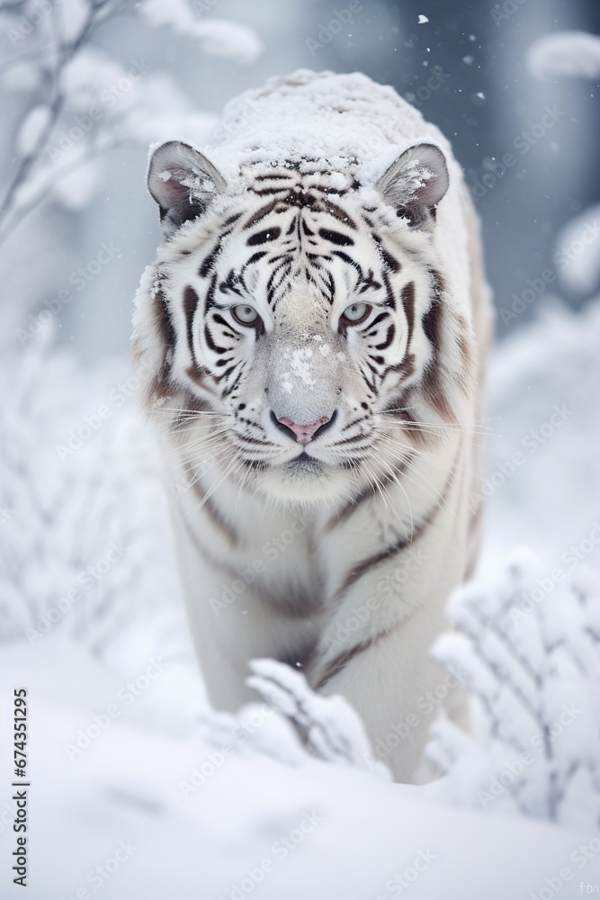 Fototapeta premium Beautiful white tiger in the snowy forest. Wildlife scene from nature.