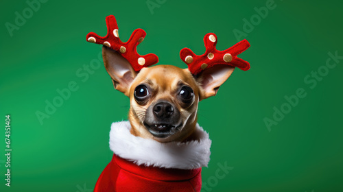 Portrait of a Chihuahua dog dressed in festive Christmas attire with antler headband and a red scarf, set against a solid green background. © MP Studio