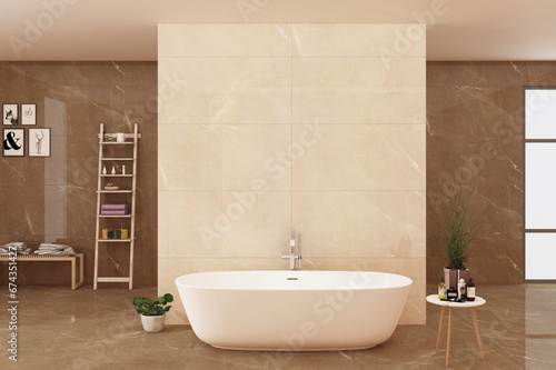 Bathroom interior with a white bathtub  a beige marble barrier separating it from the wall and floor  a decorative ladder  and some wall frames. window  a tiny table  and plastic pots. 3D Rendering