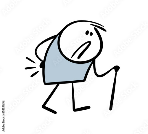 Elderly man walks outdoor and leans on stick with cane. Vector illustration of unfortunate old stickman with bad back. Body hurts, needs medical help.