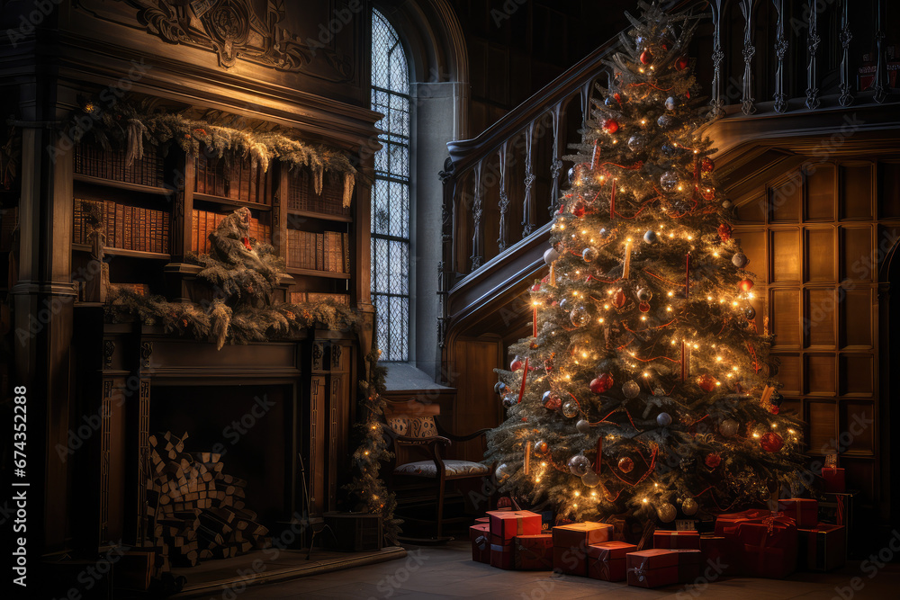 christmas tree with books inside an old castle