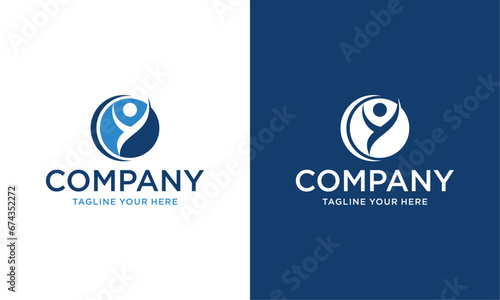 Abstract round symbol with happy human silhouette. Logo design concept of sport, fitness, medical or health care center.on dark blue background.