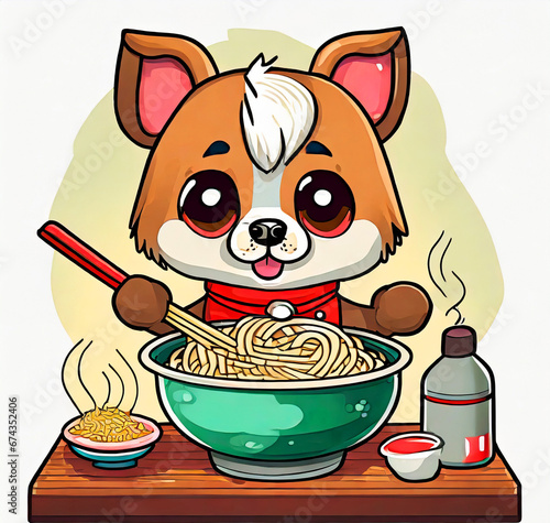 Anime cute happy dog cooking a bowl of ramen