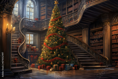 christmas tree with books inside an old castle