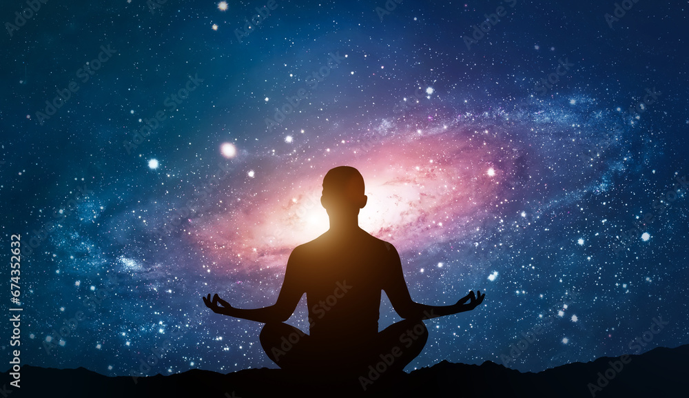 Silhouette of human sitting on stars background. Woman yoga pose. Meditation in yoga. Psychology and relax. Nightly starry space landscape. Success and motivation. Lifestyle and freedom concept. Silhouette of human sitting on stars background. Woman yoga pose. Meditation in yoga. Psychology and relax. Nightly starry space landscape. Success and motivation. Lifestyle and freedom concept.