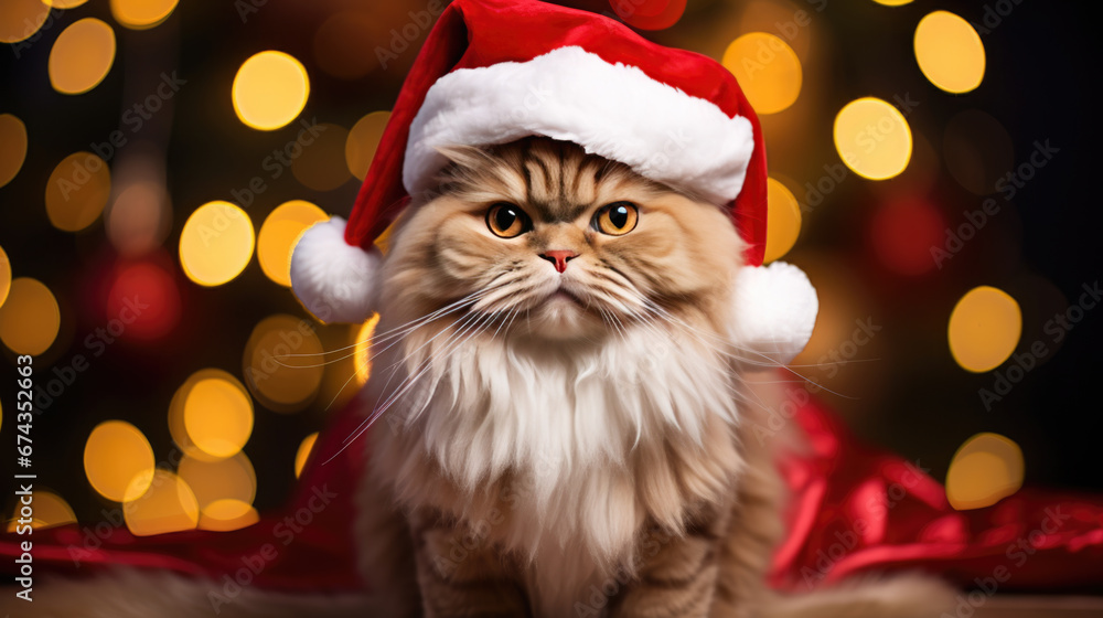 A tabby cat is dressed in a festive Santa costume with a hat, sitting in front of a Christmas tree adorned with glowing lights. A tabby cat is dressed in a festive Santa costume with a hat, sitting in front of a Christmas tree adorned with glowing lights.